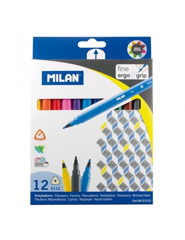 Milan Pack de 12 Rotuladores Triangulares - Punta Fina Conica 2mm - Tinta al Agua - Lavable - Colores Surtidos