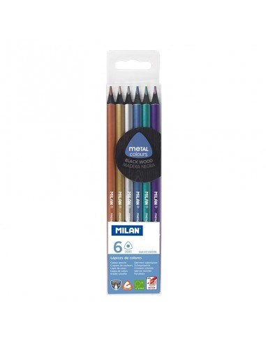 Milan Pack de 6 Lapices Triangulares de Colores Metalizados - Mina 2.9mm - Ergonomicos - Resistente a la Rotura - Madera de