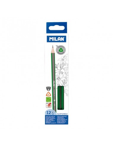 Milan Pack de 12 Lapices de Grafito Triangulares - Mina B de 2.4mm - Resistente a la Rotura - Para Escritura y Dibujo