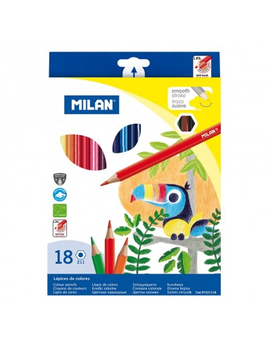 Milan Pack de 18 Lapices Hexagonales de Colores - Mina 2.9mm - Trazo Uniforme - Resistente a la Rotura - Colores Surtidos