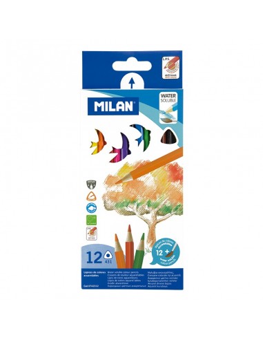 Milan Pack de 12 Lapices Triangulares de Colores Acuarelables-Pincel - Mina 2.9mm - Trazo Uniforme - Resistente a la Rotura