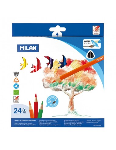Milan Pack de 24 Lapices Triangulares Acuarelables-Pincel - Mina 2.9mm - Trazo Uniforme - Resistente a la Rotura - Colores