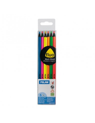 Milan Fluo Pack de 6 Lapices Triangulares de Colores - Mina 2.9mm - Ergonomicos - Resistente a la Rotura - Madera de Tilo -