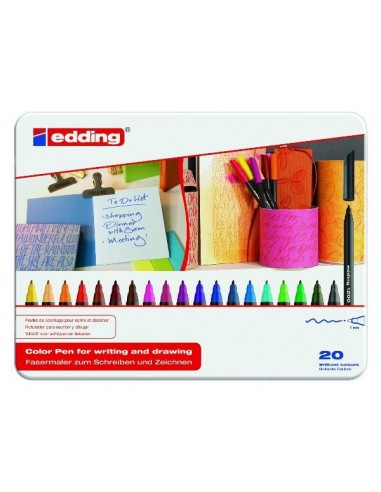 Edding Caja de Metal con 20 Rotuladores 1200 - Punta Redonda - Trazo 1mm - Tinta con Base de Agua