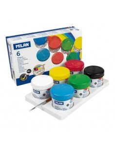 Milan Pack de 6 Botes de Tempera 40ml-1 Pincel Serie 101 - Secado Rapido - Mezclable - Colores Surtidos