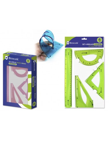 Bismark Pack de 4 Reglas Flexibles - Regla Recta - Transportador - Escuadra - Cartabon - Colores Surtidos