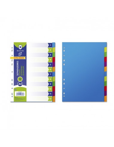 Bismark Pack de 12 Separadores - Tamaño A4 - Extragruesos - Fabricado en Propileno - Colores Surtidos