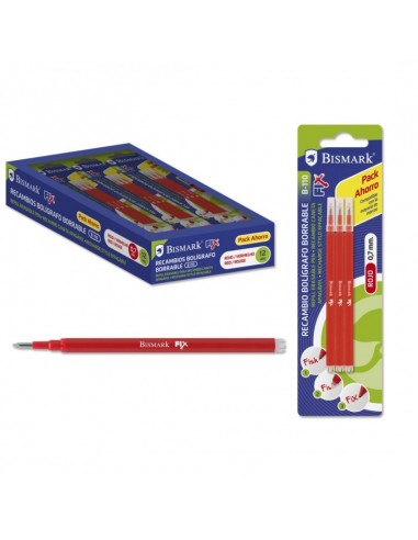 Bismark Fix Pack de 3 Recambios para Boligrafo Borrable - Punta Fina 0.7mm - Color Rojo