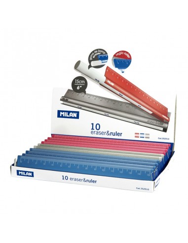Milan Eraser & Ruler Expositor de 10 Reglas-Goma en el Interior de la Regla - Longitud 15cm - Metal Touch - Colores Surtidos