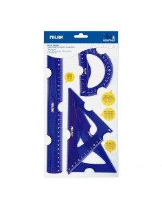 Milan Pack de 4 Reglas Flexibles y Resistentes - Regla-Escuadra-Cartabon y Transportador - Color Azul