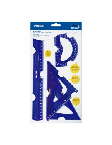 Milan Pack de 4 Reglas Flexibles y Resistentes - Regla-Escuadra-Cartabon y Transportador - Color Azul
