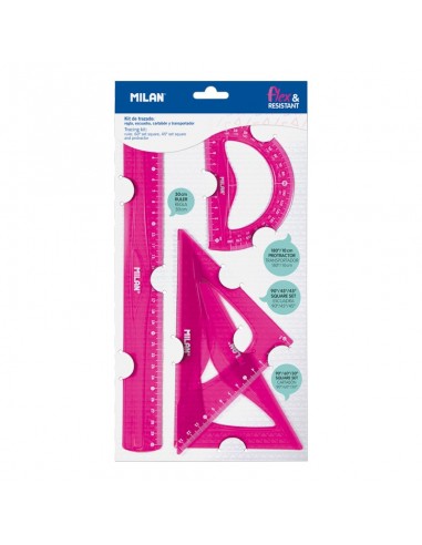Milan Pack de 4 Reglas Flexibles y Resistentes - Regla-Escuadra-Cartabon y Transportador - Color Rosa