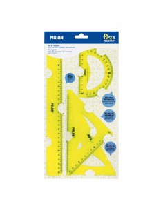 Milan Pack de 4 Reglas Flexibles y Resistentes - Regla-Escuadra-Cartabon y Transportador - Color Amarillo