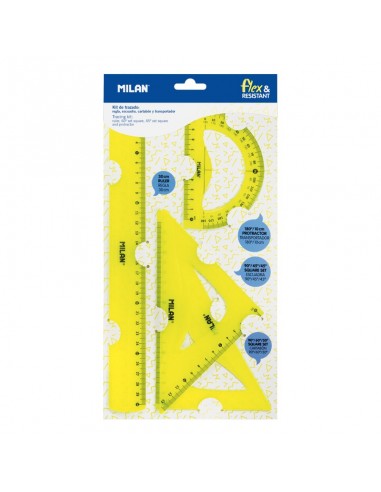 Milan Pack de 4 Reglas Flexibles y Resistentes - Regla-Escuadra-Cartabon y Transportador - Color Amarillo