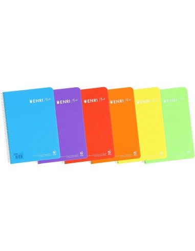 Enri Plus Pack de 5 Cuadernos Espiral Formato Folio Cuadriculado 4x4mm - 80 Hojas 90gr con Margen - Cubierta de Plastico -