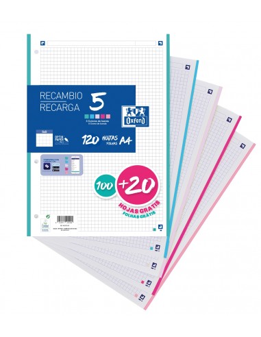 Oxford 5 Recambio Formato A4 Cuadriculado 5x5mm 4 Taladros - 100 Hojas-20 Gratis - Banda de 5 Colores Pastel