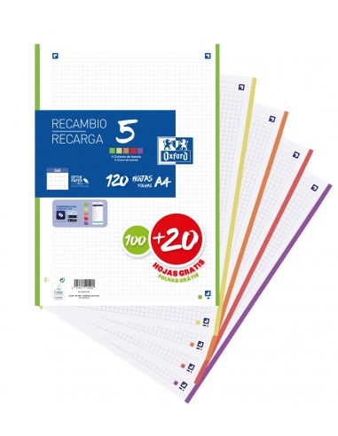 Oxford 5 Recambio Formato A4 Cuadriculado 5x5mm 4 Taladros - 100 Hojas-20 Gratis - Banda de 5 Colores Vivos