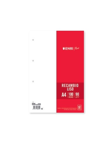 Enri Plus Recambio Formato A4 - Liso 4 Taladros - 100 Hojas 90gr