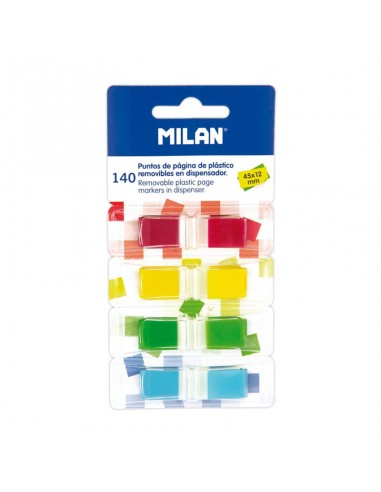 Milan Bloc de 140 Puntos de Pagina de Colores Transparentes - Plastico - Removibles - Medidas 45mm x 12mm - Colores Surtidos