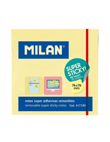 Milan Bloc de 90 Notas Super Adhesivas - Removibles - Mayor Permanencia - 76mm x 76mm - Color Amarillo Claro