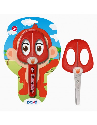 Dohe Tijera Escolar para Niños - Acero Inoxidable - Puntas Redondeadas - Funda para las Hojas - Diseño Mono