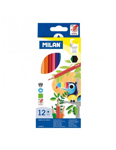 Milan Pack de 12 Lapices Hexagonales de Colores - Mina 2.9mm - Trazo Uniforme - Resistente a la Rotura - Colores Surtidos