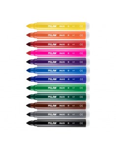 Milan Pack de 12 Rotuladores Maxi - Punta Conica 7.5mm - Tinta al Agua - Lavable - Colores Surtidos