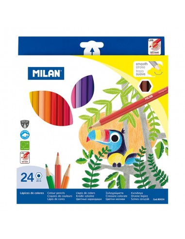 Milan Pack de 24 Lapices Hexagonales de Colores - Mina 2.9mm - Trazo Uniforme - Resistente a la Rotura - Colores Surtidos