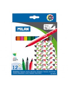 Milan Pack de 12 Rotuladores - Punta Fina de 2mm - Tinta al Agua - Lavable - Colores Surtidos