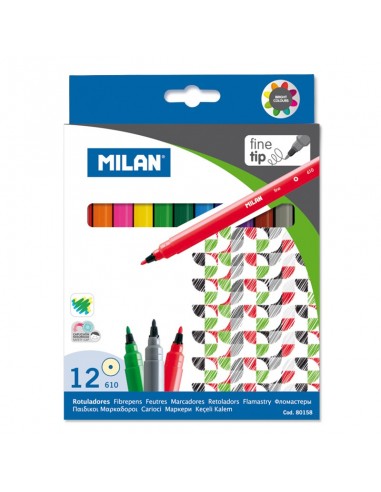 Milan Pack de 12 Rotuladores - Punta Fina de 2mm - Tinta al Agua - Lavable - Colores Surtidos