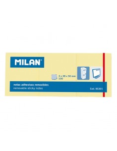 Milan Pack de 3 Blocs de 100 Notas Adhesivas - Removibles - 38mm x 50mm - Color Amarillo Claro
