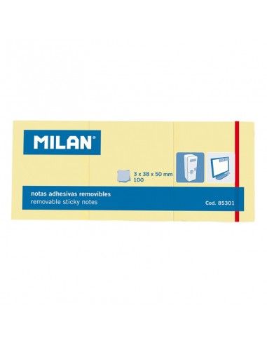 Milan Pack de 3 Blocs de 100 Notas Adhesivas - Removibles - 38mm x 50mm - Color Amarillo Claro