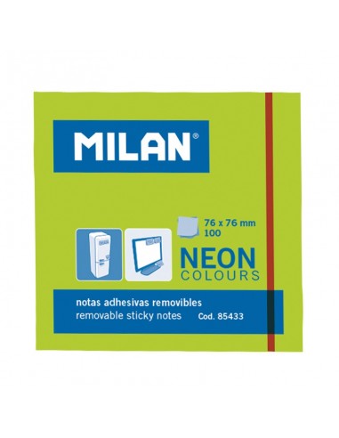 Milan Bloc de 100 Notas Adhesivas - Removibles - 76mm x 76mm - Color Verde Neon