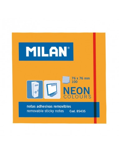 Milan Bloc de 100 Notas Adhesivas - Removibles - 76mm x 76mm - Color Naranja Neon