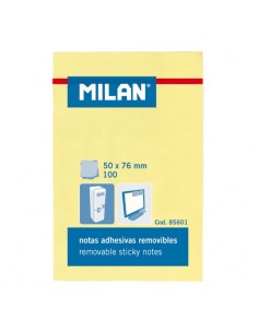 Milan Bloc de 100 Notas Adhesivas - Removibles - 50mm x 76mm - Color Amarillo Claro