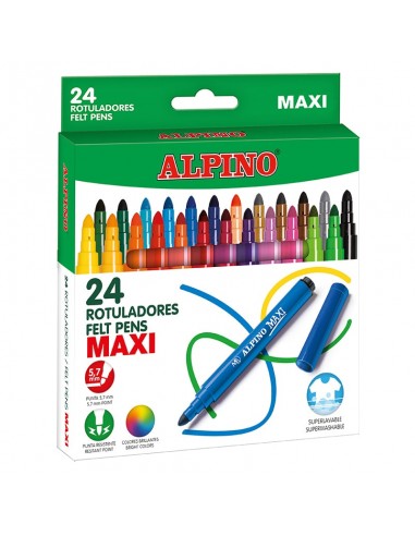 Alpino Pack de 24 Maxi Rotuladores Gruesos - Punta de 6mm - Superlavables-Resistentes y Duraderos - Colores Brillantes -