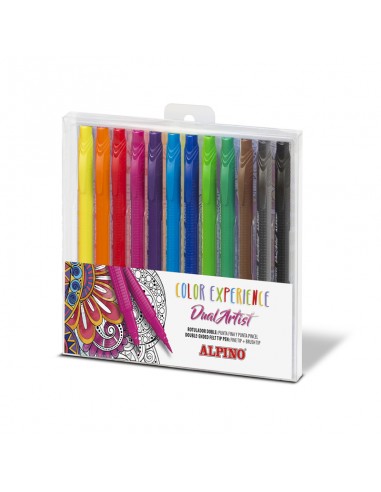 Alpino Color Experience Pack de 12 Rotuladores Doble Punta con Punta Pincel - Forma Triangular Ergonomica - Punta Fine Liner