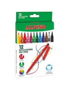 Alpino Pack de 12 Rotuladores Escolares - Punta Fina de 3mm - Superlavables y Brillantes - Ideal para Creatividad y