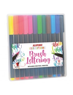 Alpino Color Experience Pack de 12 Rotuladores Brush Lettering - Punta Pincel de 4.55mm - Tinta Base Agua - Colores Vivos y