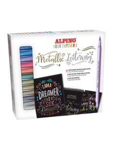 Alpino Color Experience Kit de Iniciacion al Lettering con 12 Rotuladores Metalicos de Doble Punta-Punta Fina y Punta Pincel