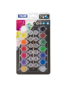 Milan Pack de 14 Tarros de Tempera 5 ml-12 Botes para Mezclas-1 Pincel Serie 101 - Secado Rapido - Mezclable - Colores