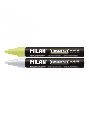 Milan Fluoglass Pack de 2 Rotuladores para Superficies Lisas - Punta Biselada - Trazo de 2 a 4mm - Tinta al Agua - Borrado