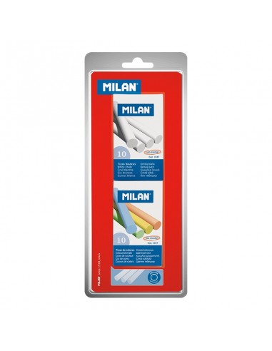 Milan Pack de 2 Cajas de 10 Tizas-1xCaja Tizas Blancas-1x Caja Tizas Colores - Redondas - No Contienen Caseina - Colores