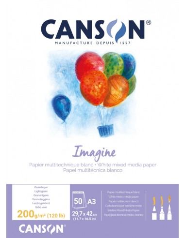 Canson Imagine Bloc Encolado de 50 Hojas A3 - Grano Fino - 29.7x42cm - 200g - Color Blanco
