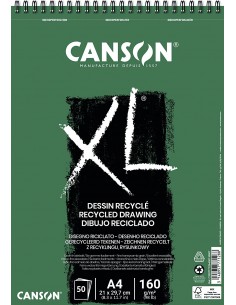 Canson XL Recycled Bloc de Dibujo con 50 Hojas A4 - Espiral Microperforado - Grano Fino - 160g - Color Blanco