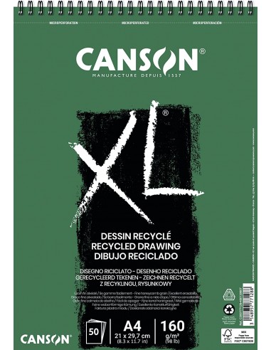 Canson XL Recycled Bloc de Dibujo con 50 Hojas A4 - Espiral Microperforado - Grano Fino - 160g - Color Blanco