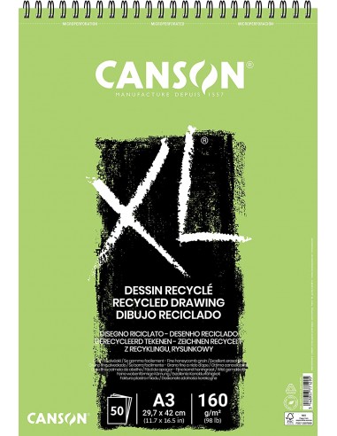 Canson XL Recycled Bloc de Dibujo con 50 Hojas A3 - Espiral Microperforado - Grano Fino - 160g - Color Blanco