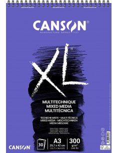 Canson Xl Mix Media Bloc de Dibujo Acuarela de 30 Hojas A3 - Grano Texturado - Microperforado Espiral - 21x29.7cm - 300g -