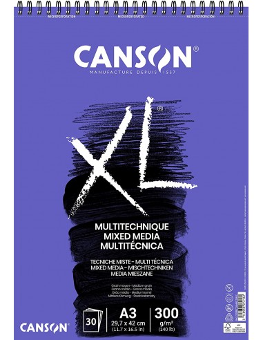Canson Xl Mix Media Bloc de Dibujo Acuarela de 30 Hojas A3 - Grano Texturado - Microperforado Espiral - 21x29.7cm - 300g -
