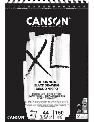 Canson XL Black Bloc de 40 Hojas A4 - Grano Fino - Espiral Microperforado - 21x29.7cm - 150g - Color Negro
